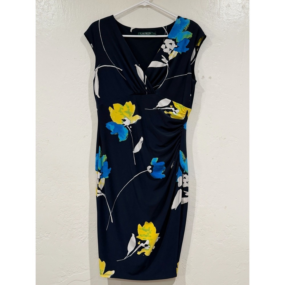 Lauren Ralph Lauren Navy Blue Floral Ruched V-Neck Sheath Dress Size 10 - Picture 2 of 6